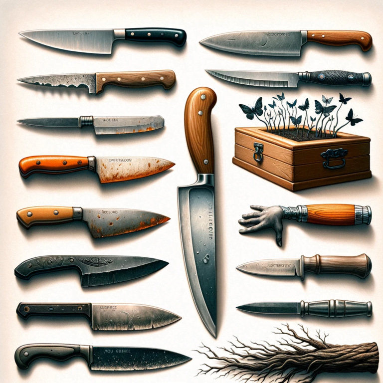 DALL·E 2024-01-03 23.09.52 - A realistic, detailed depiction of various knives representing different dream interpretations